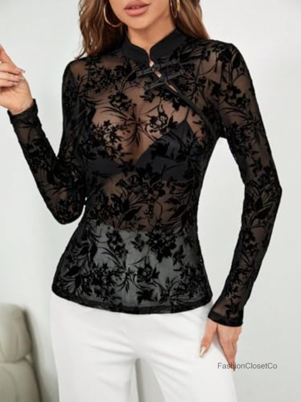 Sheer Mesh Mock Neck Long Sleeve Blouse Party Top - Picture 5 of 6